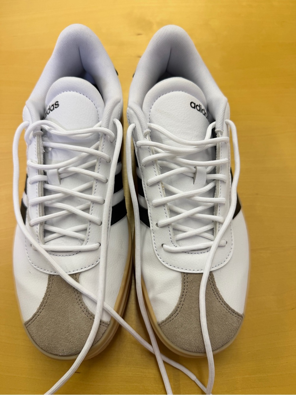 adidas White Sneakers with Black Stripes and Tan Accents